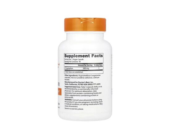 Витаминно-минеральный комплекс Doctor's Best L-триптофан, 500 мг, L-Tryptophan, 90 вегетарианских капсул (DRB-00126), изображение 2 Витаминно-минеральный комплекс Doctor's Best L-триптофан, 500 мг, L-Tryptophan, 90 вегетарианских капсул (DRB-00126), изображение 2