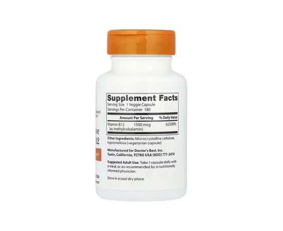 Вітамінно-мінеральний комплекс Doctor's Best Вітамін B12, 1500 мкг, Fully Active B12, 180 вегетаріанських капсул (DRB-00516), зображення 2 Вітамінно-мінеральний комплекс Doctor's Best Вітамін B12, 1500 мкг, Fully Active B12, 180 вегетаріанських капсул (DRB-00516), зображення 2