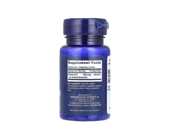 Витаминно-минеральный комплекс Life Extension Витамин B12, Метилкобаламин, 500 мкг, вкус клубники, Vitamin B12 (LEX-36110), изображение 2 Витаминно-минеральный комплекс Life Extension Витамин B12, Метилкобаламин, 500 мкг, вкус клубники, Vitamin B12 (LEX-36110), изображение 2