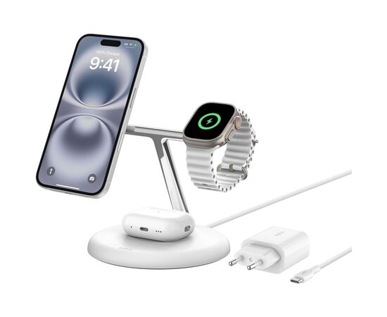 Зарядное устройство Belkin 3in1 Magnetic Adjustable Pad Qi2 15W White (WIZ023VFWH), изображение 2 Зарядное устройство Belkin 3in1 Magnetic Adjustable Pad Qi2 15W White (WIZ023VFWH), изображение 2