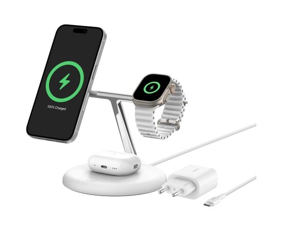 Зарядное устройство Belkin 3in1 Magnetic Adjustable Pad Qi2 15W White (WIZ023VFWH), изображение 3 Зарядное устройство Belkin 3in1 Magnetic Adjustable Pad Qi2 15W White (WIZ023VFWH), изображение 3
