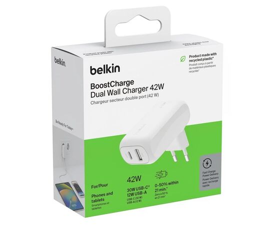 Зарядное устройство Belkin 42W USB-C PD PPS 30W USB-A 12W white (WCB009VFWH), изображение 6 Зарядное устройство Belkin 42W USB-C PD PPS 30W USB-A 12W white (WCB009VFWH), изображение 6