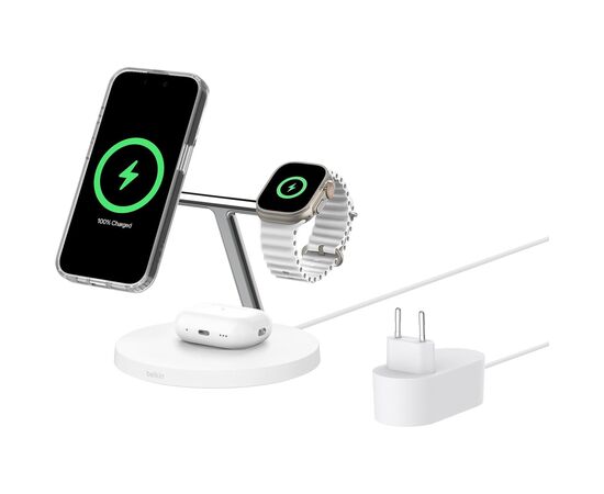 Зарядное устройство Belkin 3in1 Magnetic Pad Qi2 15W White (WIZ032KQWH), изображение 9 Зарядное устройство Belkin 3in1 Magnetic Pad Qi2 15W White (WIZ032KQWH), изображение 9