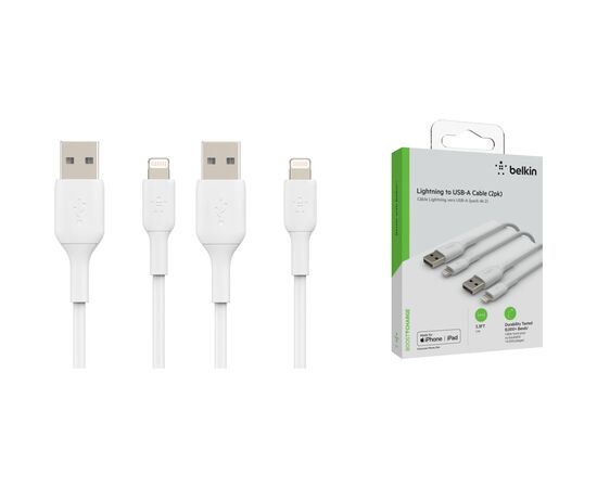 Дата кабель USB 2.0 AM to Lightning 1.0m 12W PVC (2 Pack) White Belkin (CAA001BT1MWH2PK), изображение 6 Дата кабель USB 2.0 AM to Lightning 1.0m 12W PVC (2 Pack) White Belkin (CAA001BT1MWH2PK), изображение 6