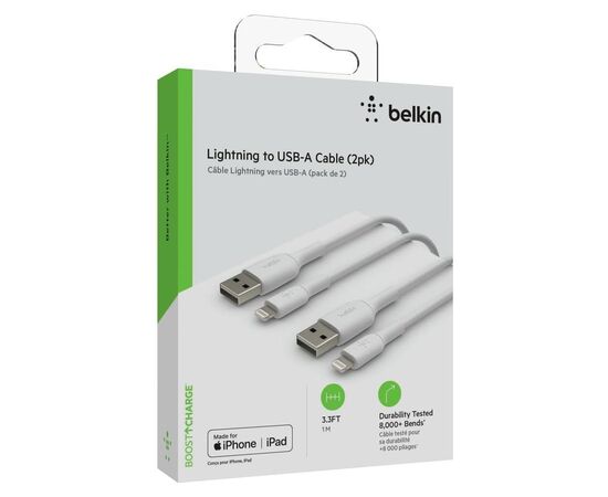Дата кабель USB 2.0 AM to Lightning 1.0m 12W PVC (2 Pack) White Belkin (CAA001BT1MWH2PK), изображение 7 Дата кабель USB 2.0 AM to Lightning 1.0m 12W PVC (2 Pack) White Belkin (CAA001BT1MWH2PK), изображение 7