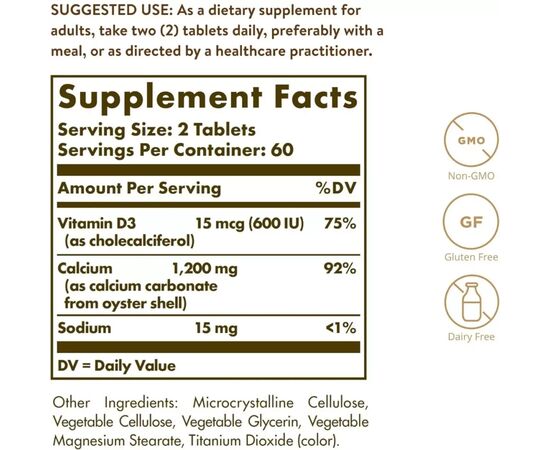 Мінерали Solgar Кальцій з черепашки устриці з вітаміном D3, 600 мг, Calcium from O (SOL00416), зображення 2