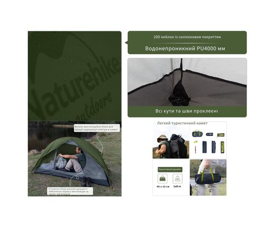 Палатка Naturehike одномісний з футпринтом Cycling 1 NH18A095-D зелений (6927595735671), изображение 10 Палатка Naturehike одномісний з футпринтом Cycling 1 NH18A095-D зелений (6927595735671), изображение 10