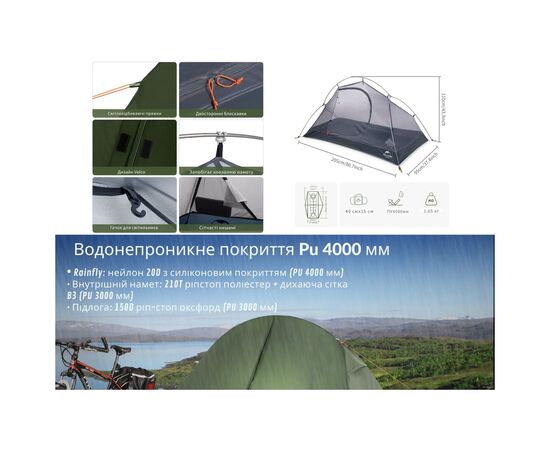 Палатка Naturehike одномісний з футпринтом Cycling 1 NH18A095-D зелений (6927595735671), изображение 9 Палатка Naturehike одномісний з футпринтом Cycling 1 NH18A095-D зелений (6927595735671), изображение 9