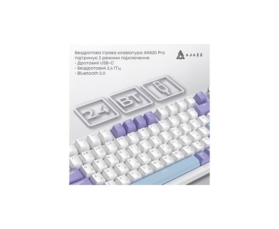 Клавиатура Ajazz AK820 Pro Gift Switch Purple RGB USB/Wireless/Bluetooth UA Purple (AK820PRO-G-PWB), изображение 8 Клавиатура Ajazz AK820 Pro Gift Switch Purple RGB USB/Wireless/Bluetooth UA Purple (AK820PRO-G-PWB), изображение 8
