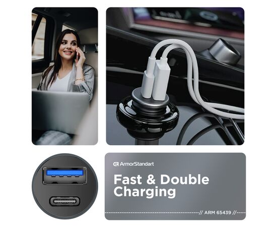 Зарядное устройство Armorstandart USB Type-C PD20W + USB QC 3.0 Grey + cable Lightning (ARM82460), изображение 3 Зарядное устройство Armorstandart USB Type-C PD20W + USB QC 3.0 Grey + cable Lightning (ARM82460), изображение 3
