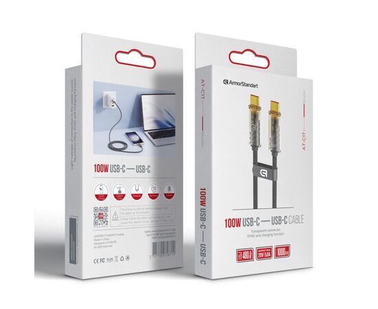 Дата кабель USB-C to USB-C 1m transparent 100W grey Armorstandart (ARM75871), изображение 2