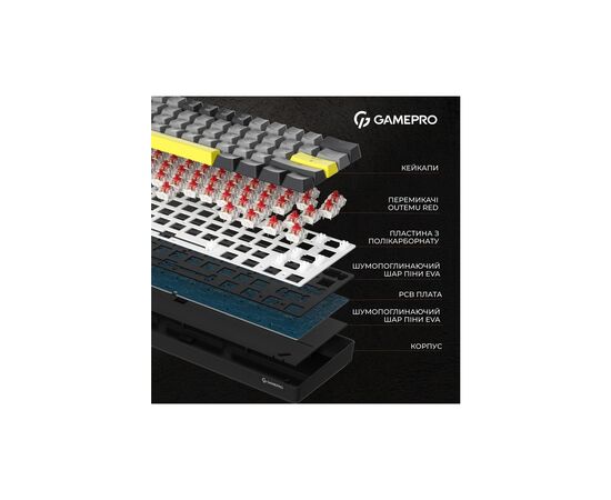 Клавіатура GamePro MK130G Pro Outemu Red Switch Hot-Swap 60 RGB USB/Wireless/Bluetooth Black (MK130G Pro), зображення 7 Клавіатура GamePro MK130G Pro Outemu Red Switch Hot-Swap 60 RGB USB/Wireless/Bluetooth Black (MK130G Pro), зображення 7