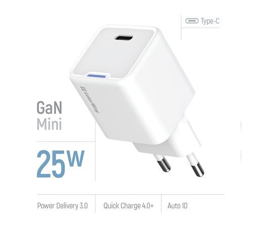 Зарядное устройство ColorWay GaN Mini 25W PD Port PPS USB-C white (CW-CHS052PD-WT), изображение 6 Зарядное устройство ColorWay GaN Mini 25W PD Port PPS USB-C white (CW-CHS052PD-WT), изображение 6
