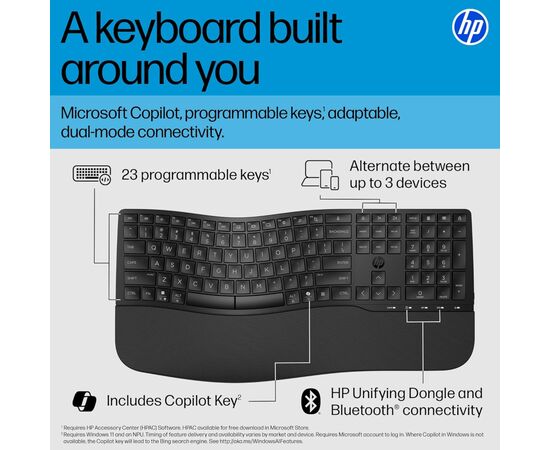 Клавиатура HP 680 Comfort Dual-Mode UA Black (8T6L8AA), изображение 2 Клавиатура HP 680 Comfort Dual-Mode UA Black (8T6L8AA), изображение 2