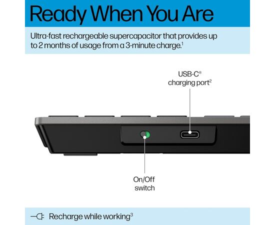 Клавиатура HP 720 Multi-Device Rechargeable Wireless/Bluetooth UA Black (9T5B1AA), изображение 3 Клавиатура HP 720 Multi-Device Rechargeable Wireless/Bluetooth UA Black (9T5B1AA), изображение 3