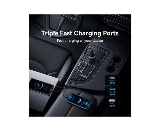 Зарядний пристрій Baseus Golden Contactor Pro GaN Fast Charging Car Charger U+2C 65W Lunar Gray (C00035202841-00), зображення 4 Зарядний пристрій Baseus Golden Contactor Pro GaN Fast Charging Car Charger U+2C 65W Lunar Gray (C00035202841-00), зображення 4