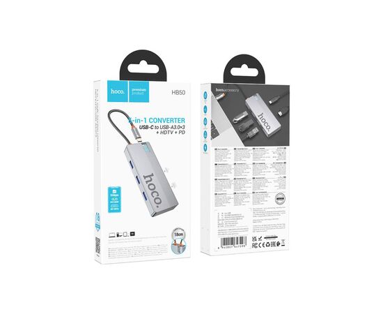 Концентратор HOCO USB-C to HDMI+PD+3xUSB3.0 HB50 Deep Space Gray (6942007647298), изображение 4 Концентратор HOCO USB-C to HDMI+PD+3xUSB3.0 HB50 Deep Space Gray (6942007647298), изображение 4