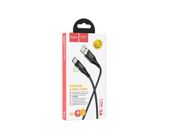 Дата кабель USB 2.0 AM to USB-C 1.2m 3A nylon aluminum with light indicator U93 black HOCO (6931474732170), изображение 4 Дата кабель USB 2.0 AM to USB-C 1.2m 3A nylon aluminum with light indicator U93 black HOCO (6931474732170), изображение 4