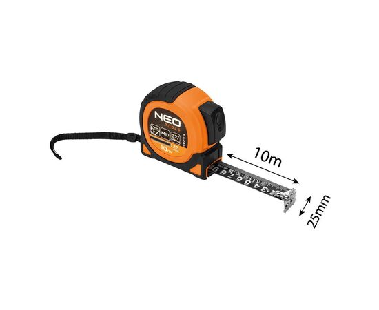 Рулетка Neo Tools Super Black, 10мx25мм, с фиксатором сматывания, магнит (67-245), изображение 5 Рулетка Neo Tools Super Black, 10мx25мм, с фиксатором сматывания, магнит (67-245), изображение 5