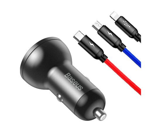 Зарядное устройство Baseus Digital Display Dual USB 4.8A Car Charger 24W+Three Primary Colors 3-in-1 Cable 1.2m (TZCCBX-0G), изображение 3 Зарядное устройство Baseus Digital Display Dual USB 4.8A Car Charger 24W+Three Primary Colors 3-in-1 Cable 1.2m (TZCCBX-0G), изображение 3