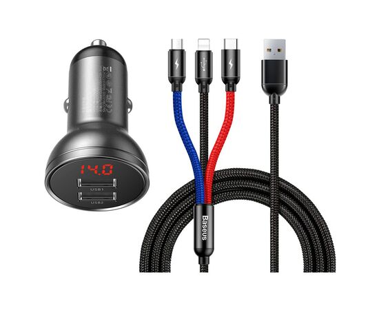 Зарядний пристрій Baseus Digital Display Dual USB 4.8A Car Charger 24W+Three Primary Colors 3-in-1 Cable 1.2m (TZCCBX-0G)