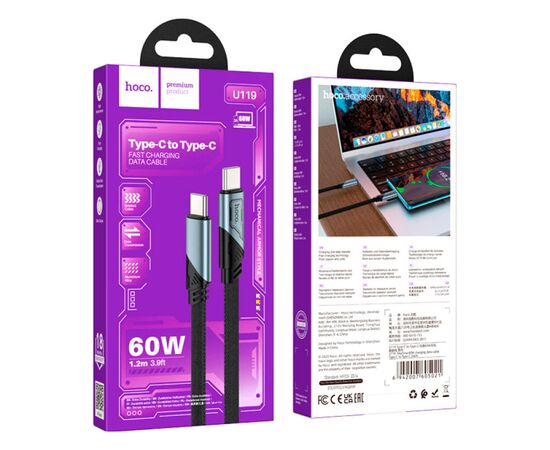 Дата кабель USB-C to USB-C 1.2m 60W nylon aluminum U119 black HOCO (6942007605021), изображение 3 Дата кабель USB-C to USB-C 1.2m 60W nylon aluminum U119 black HOCO (6942007605021), изображение 3