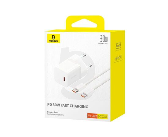 Зарядное устройство Baseus GaN5 Fast Charger USB-C 30W + Cable 1.0m Type-C 100W white (P10110902213-00), изображение 6 Зарядное устройство Baseus GaN5 Fast Charger USB-C 30W + Cable 1.0m Type-C 100W white (P10110902213-00), изображение 6