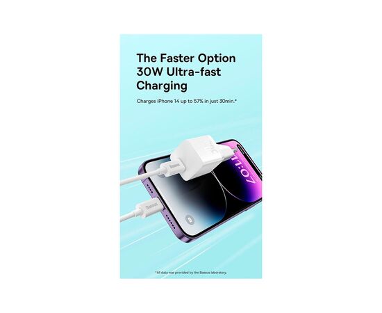 Зарядное устройство Baseus GaN5 Fast Charger USB-C 30W + Cable 1.0m Type-C 100W white (P10110902213-00), изображение 7 Зарядное устройство Baseus GaN5 Fast Charger USB-C 30W + Cable 1.0m Type-C 100W white (P10110902213-00), изображение 7
