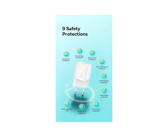 Зарядное устройство Baseus GaN5 Fast Charger USB-C 30W + Cable 1.0m Type-C 100W white (P10110902213-00), изображение 9 Зарядное устройство Baseus GaN5 Fast Charger USB-C 30W + Cable 1.0m Type-C 100W white (P10110902213-00), изображение 9
