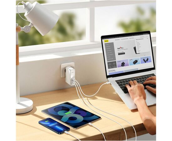 Зарядное устройство Baseus GaN5 Pro Fast Charger 2C+U 140W + Cable 1.0m Type-C 240W white (CCGP100202), изображение 11 Зарядное устройство Baseus GaN5 Pro Fast Charger 2C+U 140W + Cable 1.0m Type-C 240W white (CCGP100202), изображение 11