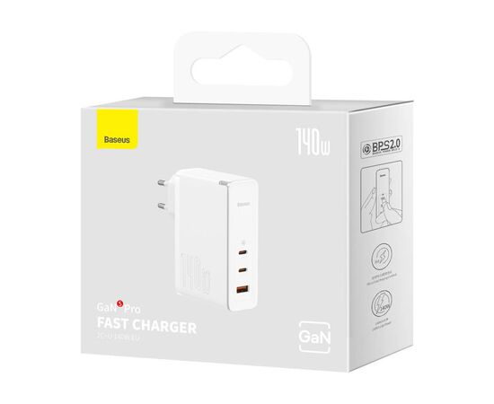 Зарядное устройство Baseus GaN5 Pro Fast Charger 2C+U 140W + Cable 1.0m Type-C 240W white (CCGP100202), изображение 7 Зарядное устройство Baseus GaN5 Pro Fast Charger 2C+U 140W + Cable 1.0m Type-C 240W white (CCGP100202), изображение 7