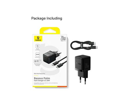 Зарядний пристрій Baseus Palm Fast Charger 1C 20W + Cable 1.0m Type-C 60W black (P10111602113-01), зображення 6 Зарядний пристрій Baseus Palm Fast Charger 1C 20W + Cable 1.0m Type-C 60W black (P10111602113-01), зображення 6