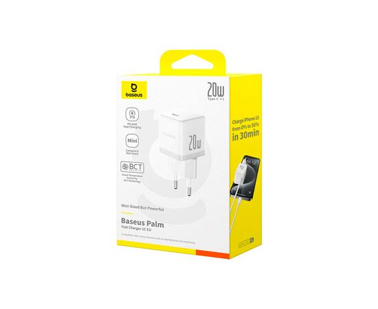 Зарядное устройство Baseus Palm Fast Charger 1C 20W + Cable 1.0m Type-C 60W white (P10111602213-01), изображение 5 Зарядное устройство Baseus Palm Fast Charger 1C 20W + Cable 1.0m Type-C 60W white (P10111602213-01), изображение 5