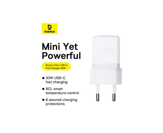 Зарядное устройство Baseus Palm Fast Charger 1C 20W + Cable 1.0m Type-C 60W white (P10111602213-01), изображение 6 Зарядное устройство Baseus Palm Fast Charger 1C 20W + Cable 1.0m Type-C 60W white (P10111602213-01), изображение 6