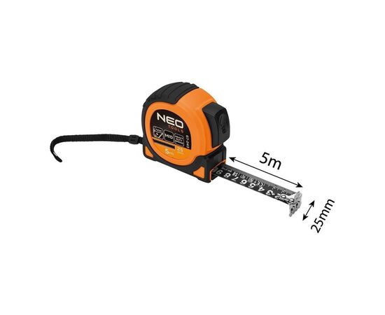 Рулетка Neo Tools Super Black, 5мx25мм, с фиксатором сматывания, магнит (67-243), изображение 4 Рулетка Neo Tools Super Black, 5мx25мм, с фиксатором сматывания, магнит (67-243), изображение 4