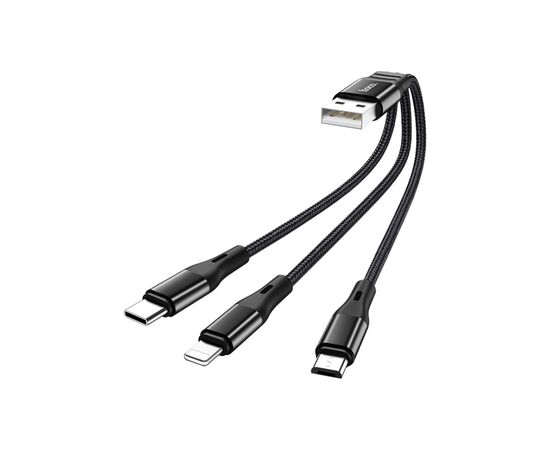 Дата кабель USB 2.0 AM to Lightning+USB-C+Micro 5P 0.25m 2.4A nylon X47 black HOCO (6931474727398), изображение 2 Дата кабель USB 2.0 AM to Lightning+USB-C+Micro 5P 0.25m 2.4A nylon X47 black HOCO (6931474727398), изображение 2