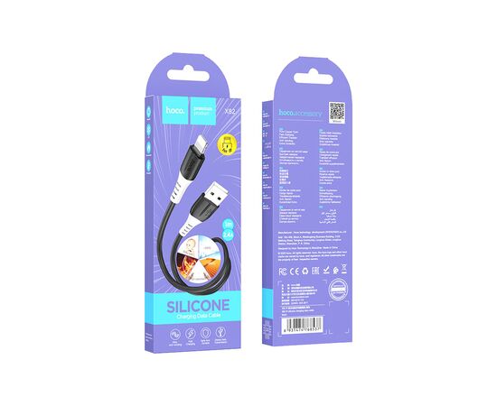 Дата кабель USB 2.0 AM to Lightning 1.0m 2.4A silicone X82 black HOCO (6931474768537), изображение 5 Дата кабель USB 2.0 AM to Lightning 1.0m 2.4A silicone X82 black HOCO (6931474768537), изображение 5