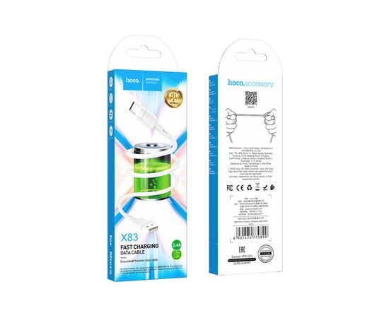 Дата кабель USB 2.0 AM to Micro 5P 1.0m 2.4A PVC X83 white HOCO (6931474770899), изображение 3 Дата кабель USB 2.0 AM to Micro 5P 1.0m 2.4A PVC X83 white HOCO (6931474770899), изображение 3