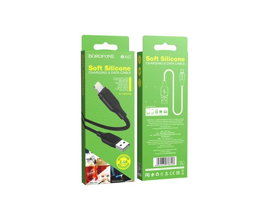 Дата кабель USB 2.0 AM to Lightning 1.0m 2.4A silicone BX42 black BOROFONE (6931474736727), изображение 4 Дата кабель USB 2.0 AM to Lightning 1.0m 2.4A silicone BX42 black BOROFONE (6931474736727), изображение 4