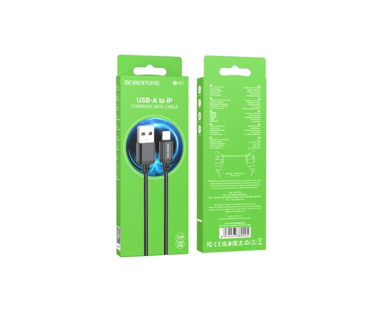 Дата кабель USB 2.0 AM to Lightning 1.0m 2.4A nylon BX87 black BOROFONE (6974443389005), изображение 5 Дата кабель USB 2.0 AM to Lightning 1.0m 2.4A nylon BX87 black BOROFONE (6974443389005), изображение 5