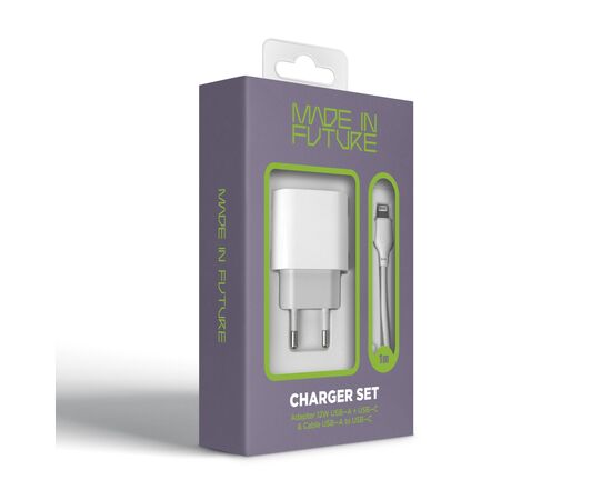 Зарядное устройство MadeInFuture MFS12 12W 1xUSB-A + 1xUSB-C + cable USB-A to Lightning White (MIF82823), изображение 7 Зарядное устройство MadeInFuture MFS12 12W 1xUSB-A + 1xUSB-C + cable USB-A to Lightning White (MIF82823), изображение 7