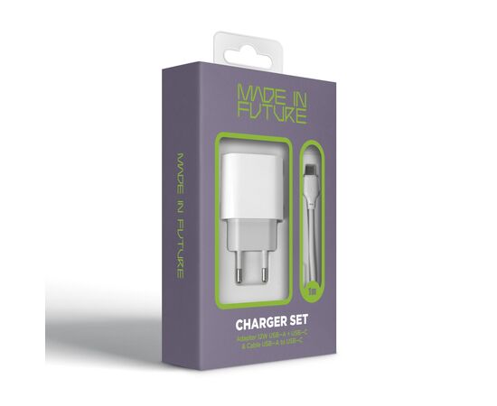 Зарядний пристрій MadeInFuture MFS12 12W 1xUSB-A + 1xUSB-C + cable USB-A to USB-C White (MIF82822), зображення 7 Зарядний пристрій MadeInFuture MFS12 12W 1xUSB-A + 1xUSB-C + cable USB-A to USB-C White (MIF82822), зображення 7