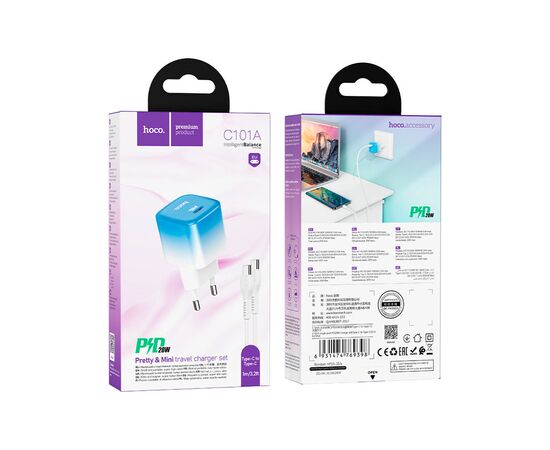 Зарядное устройство HOCO C101A USB-C PD20W + cable USB-C to USB-C Ice Blue (6931474769398), изображение 7 Зарядное устройство HOCO C101A USB-C PD20W + cable USB-C to USB-C Ice Blue (6931474769398), изображение 7