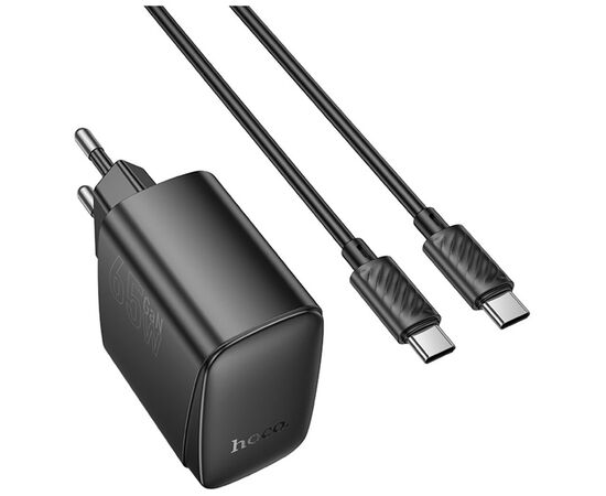 Зарядное устройство HOCO CS63A Bright 1xUSB-C PD65W + 1xUSB QC3.0 + cable USB-C to USB-C Black (6942007638487), изображение 2 Зарядное устройство HOCO CS63A Bright 1xUSB-C PD65W + 1xUSB QC3.0 + cable USB-C to USB-C Black (6942007638487), изображение 2