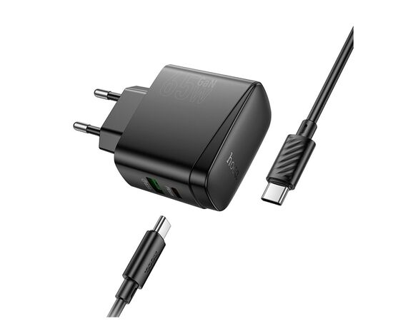 Зарядное устройство HOCO CS63A Bright 1xUSB-C PD65W + 1xUSB QC3.0 + cable USB-C to USB-C Black (6942007638487), изображение 3 Зарядное устройство HOCO CS63A Bright 1xUSB-C PD65W + 1xUSB QC3.0 + cable USB-C to USB-C Black (6942007638487), изображение 3