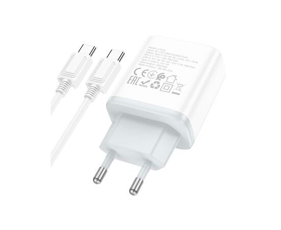 Зарядное устройство HOCO C105A Stage 1xUSB-C PD20W + 1xUSB QC3.0 + cable USB-C to USB-C White (6931474782922), изображение 2