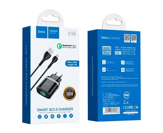 Зарядное устройство HOCO C12Q Smart USB QC3.0 + cable Micro 18W Black (6931474716279), изображение 4