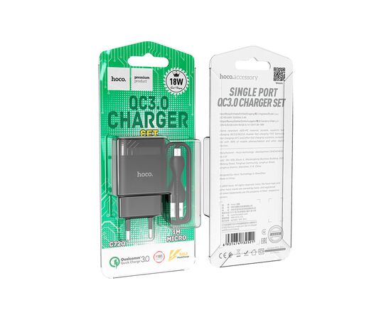 Зарядное устройство HOCO C72Q Glorious USB QC3.0 + cable USB to Micro 5P 18W Black (6931474732521), изображение 4 Зарядное устройство HOCO C72Q Glorious USB QC3.0 + cable USB to Micro 5P 18W Black (6931474732521), изображение 4