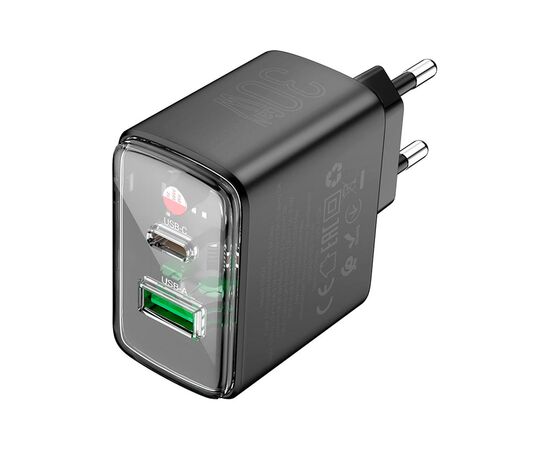 Зарядное устройство HOCO CS42A Smart 1xUSB-C PD30W + 1xUSB QC3.0 Black (6942007620765), изображение 2 Зарядное устройство HOCO CS42A Smart 1xUSB-C PD30W + 1xUSB QC3.0 Black (6942007620765), изображение 2