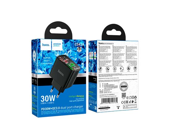 Зарядное устройство HOCO CS42A Smart 1xUSB-C PD30W + 1xUSB QC3.0 Black (6942007620765), изображение 4 Зарядное устройство HOCO CS42A Smart 1xUSB-C PD30W + 1xUSB QC3.0 Black (6942007620765), изображение 4